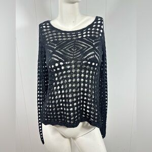 NEW Hooked Up Womens Black Open Crochet Knit Crew Neck Pullover Sweater